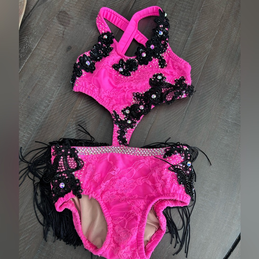 Hot Pink and Black lace Embellished custom dance costume CM. Jazz
